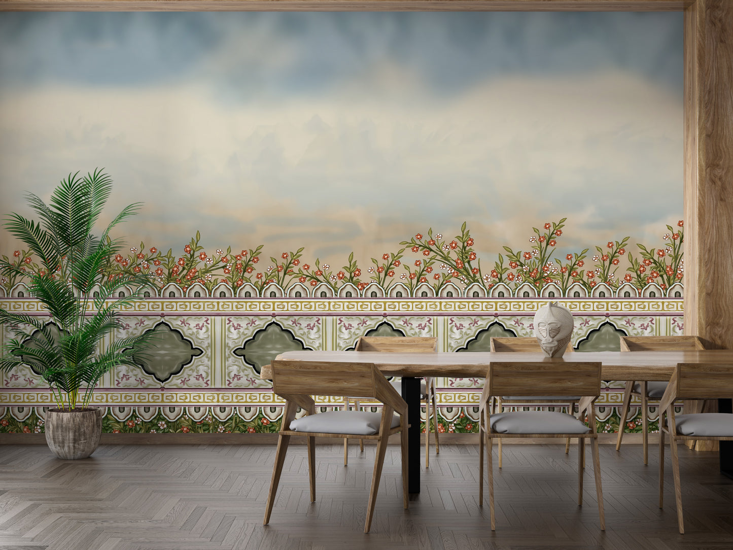 Serene Mughal garden wall art for room divider.