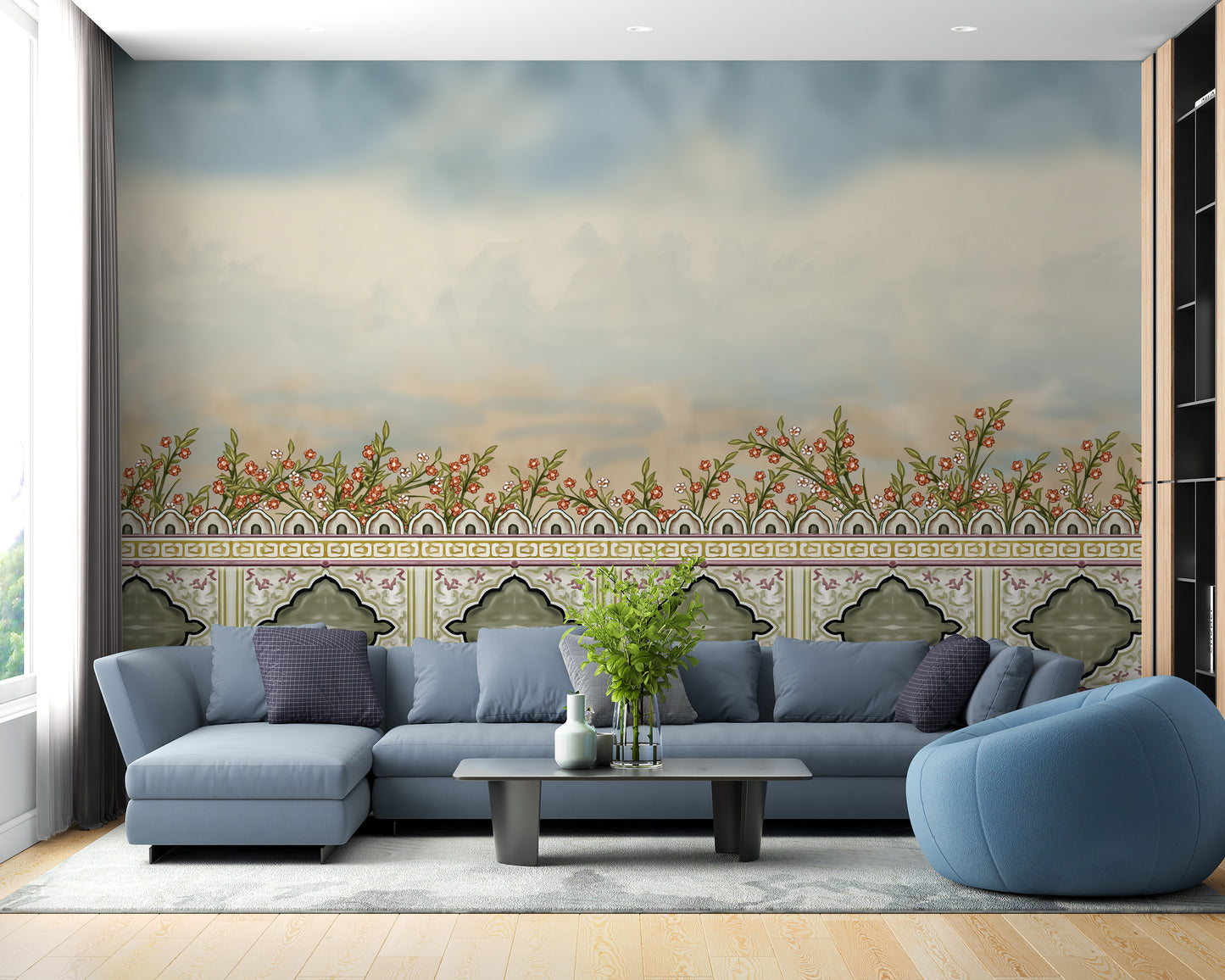 Elegant Mughal garden wall mural with divider feature.