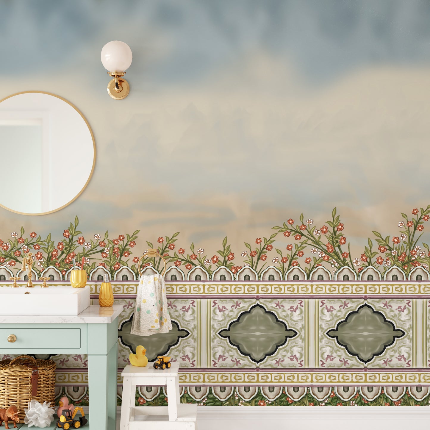 Serene Mughal garden floral wall mural for decor.