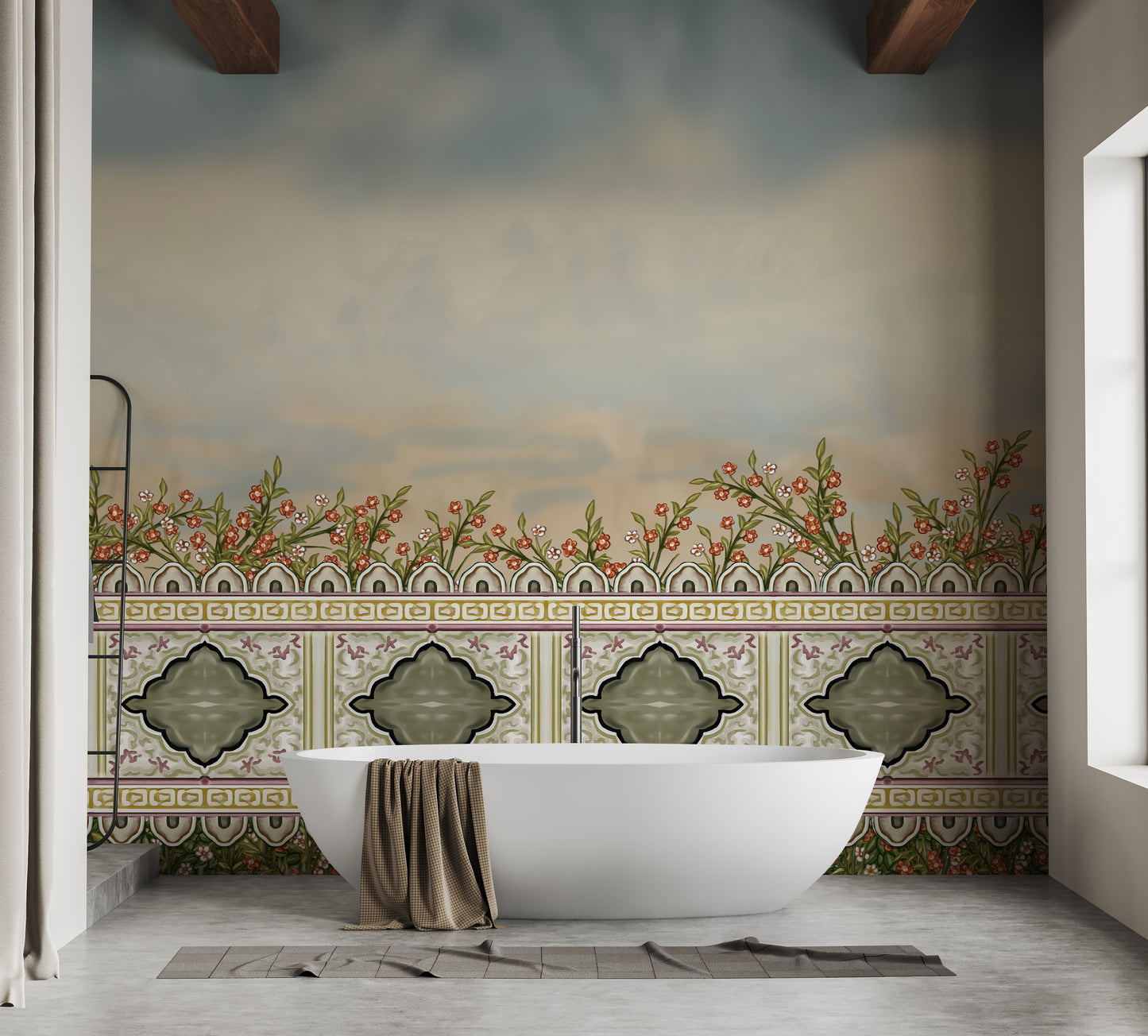 Artistic Mughal garden divider wall mural design.