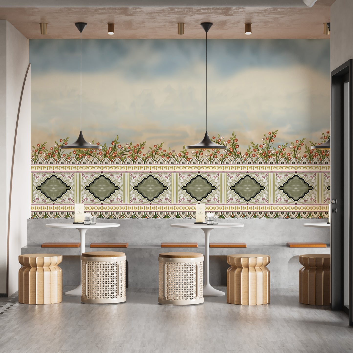 Wall mural featuring serene Mughal garden divider art.