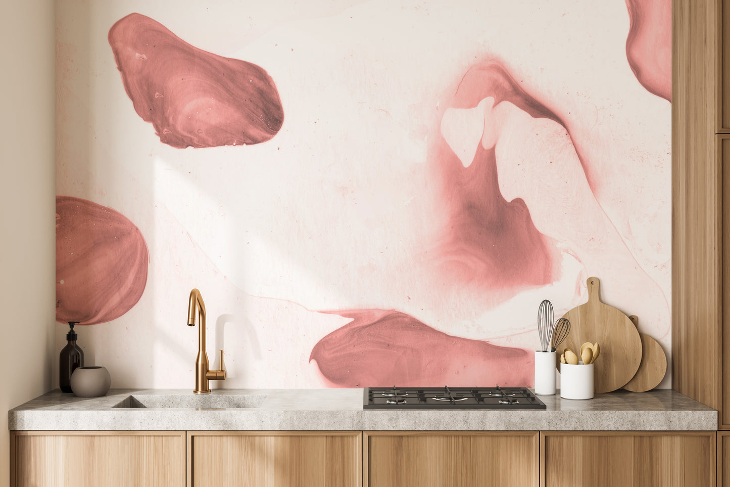 Modern blush mural featuring artistic brushstroke details.