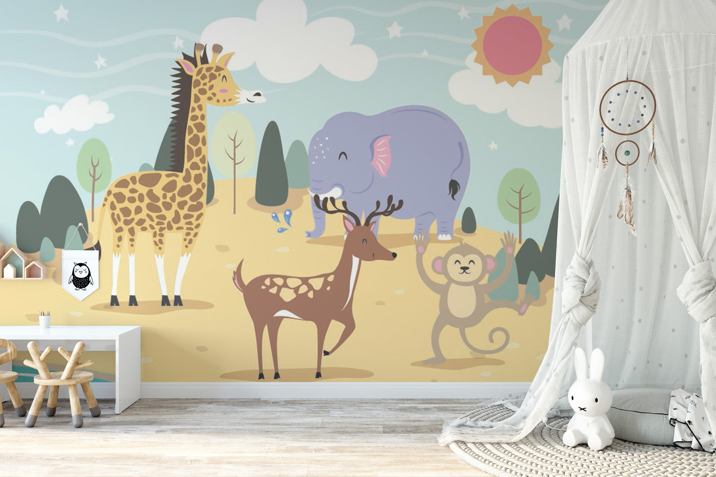 Fun jungle-themed mural for kids' rooms with vibrant animals.