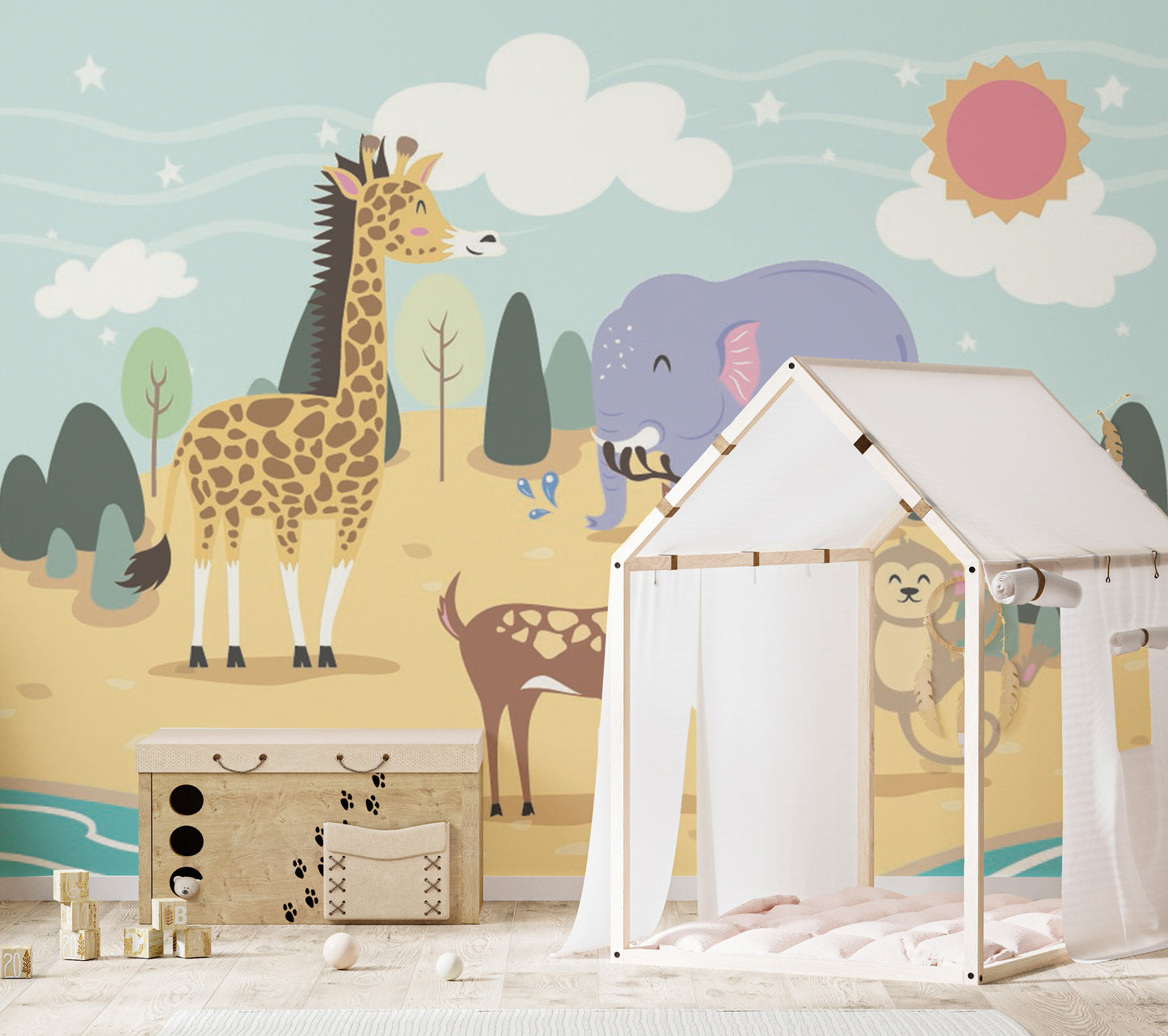 Kids' room mural with jolly jungle animals and greenery.
