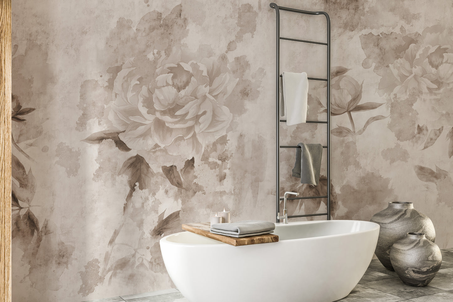 Classic antique floral mural for charming wall aesthetics.