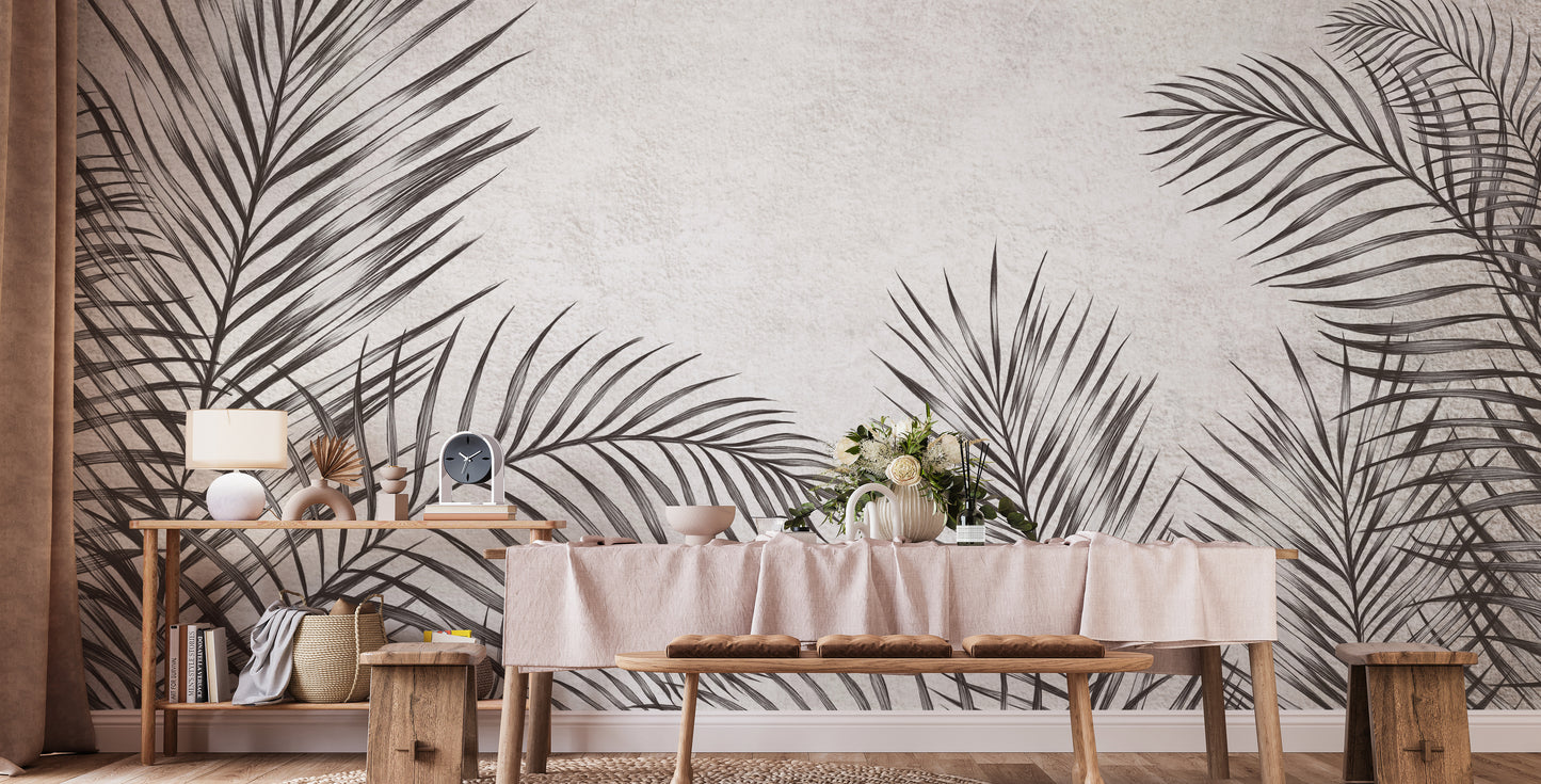 Modern black and white palm leaves mural for elegant interiors.