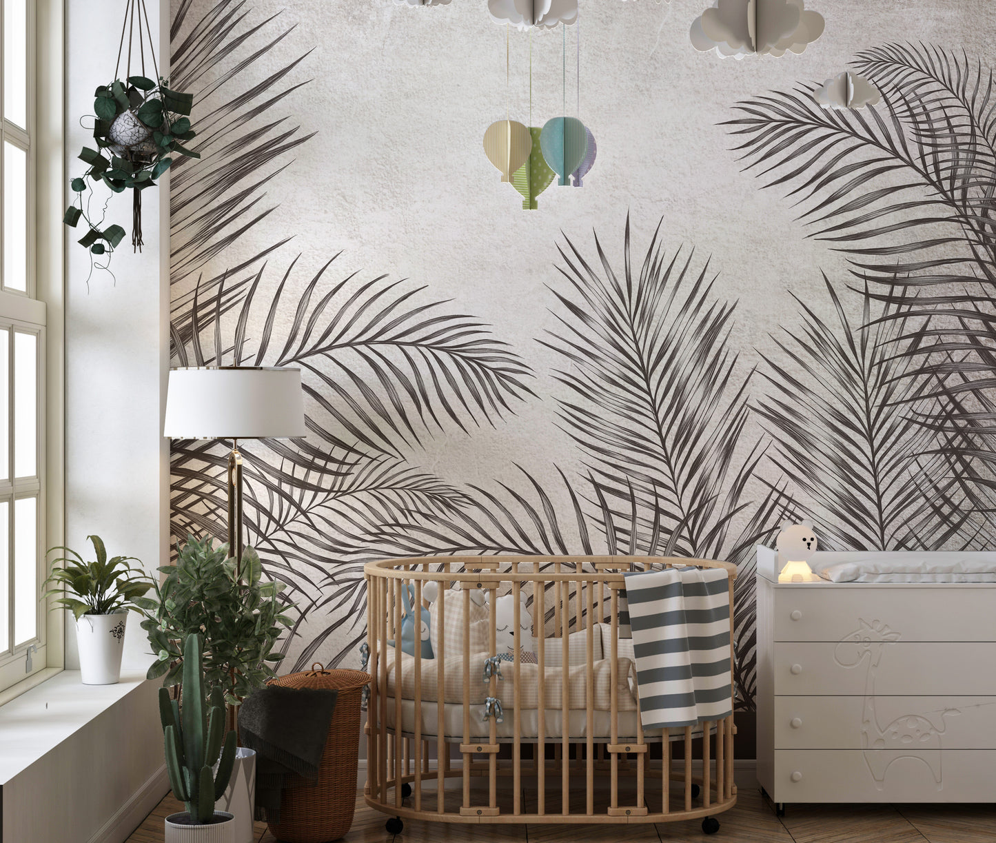 Palm leaves wallpaper mural in black and white for chic decor.