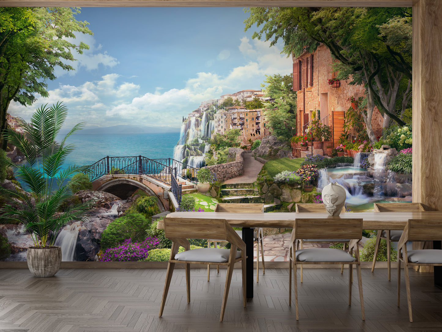 Renaissance houses mural with yellow tones for sophisticated walls.