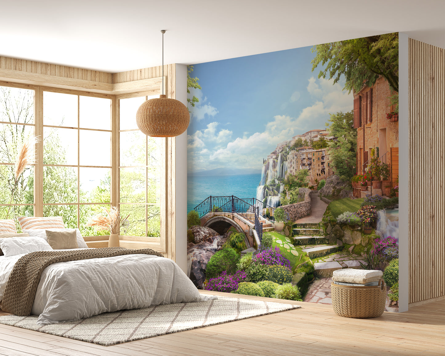 Elegant mural of Florence Renaissance houses in warm yellow hues.