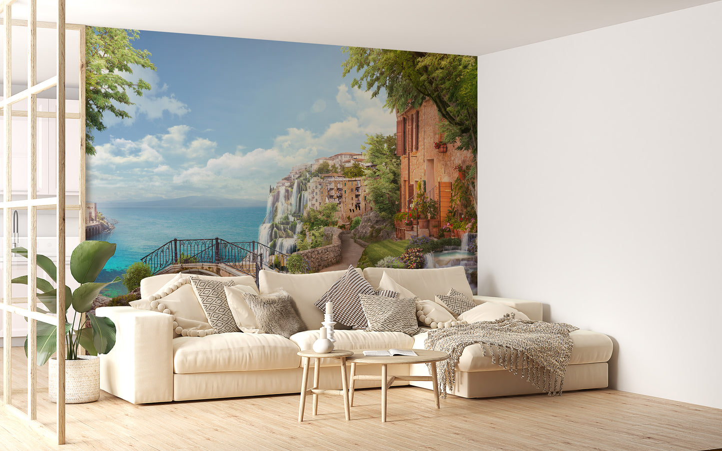 Yellow Renaissance houses mural for a classic Italian look.
