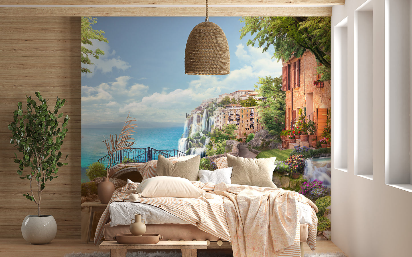 Yellow-toned Florence houses mural capturing Renaissance charm.