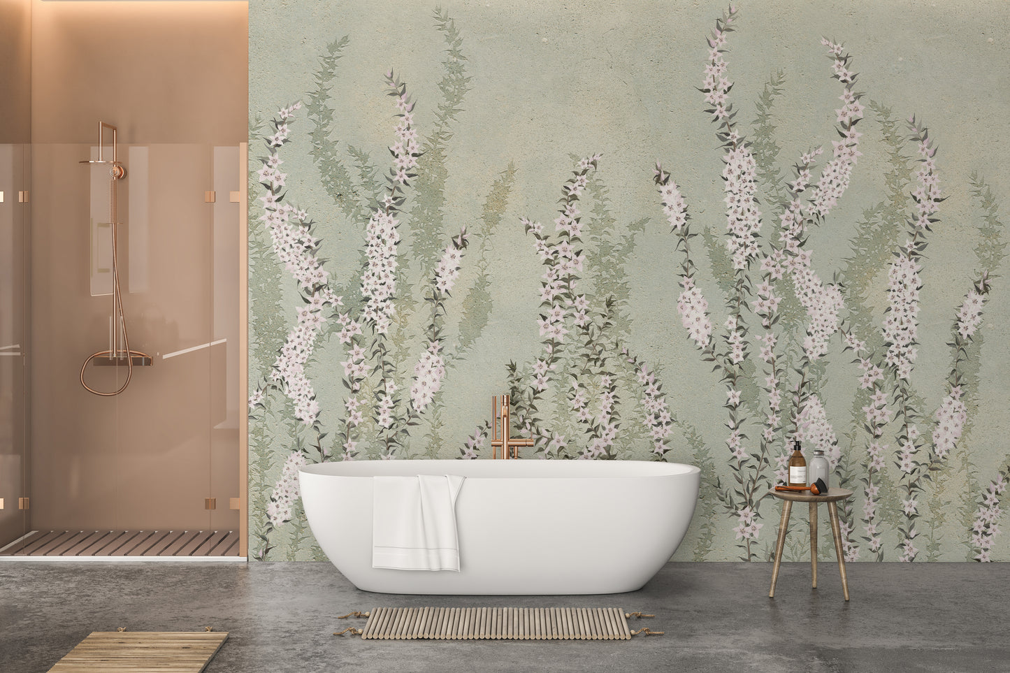 Floral mural featuring draped white orchids and green tones.
