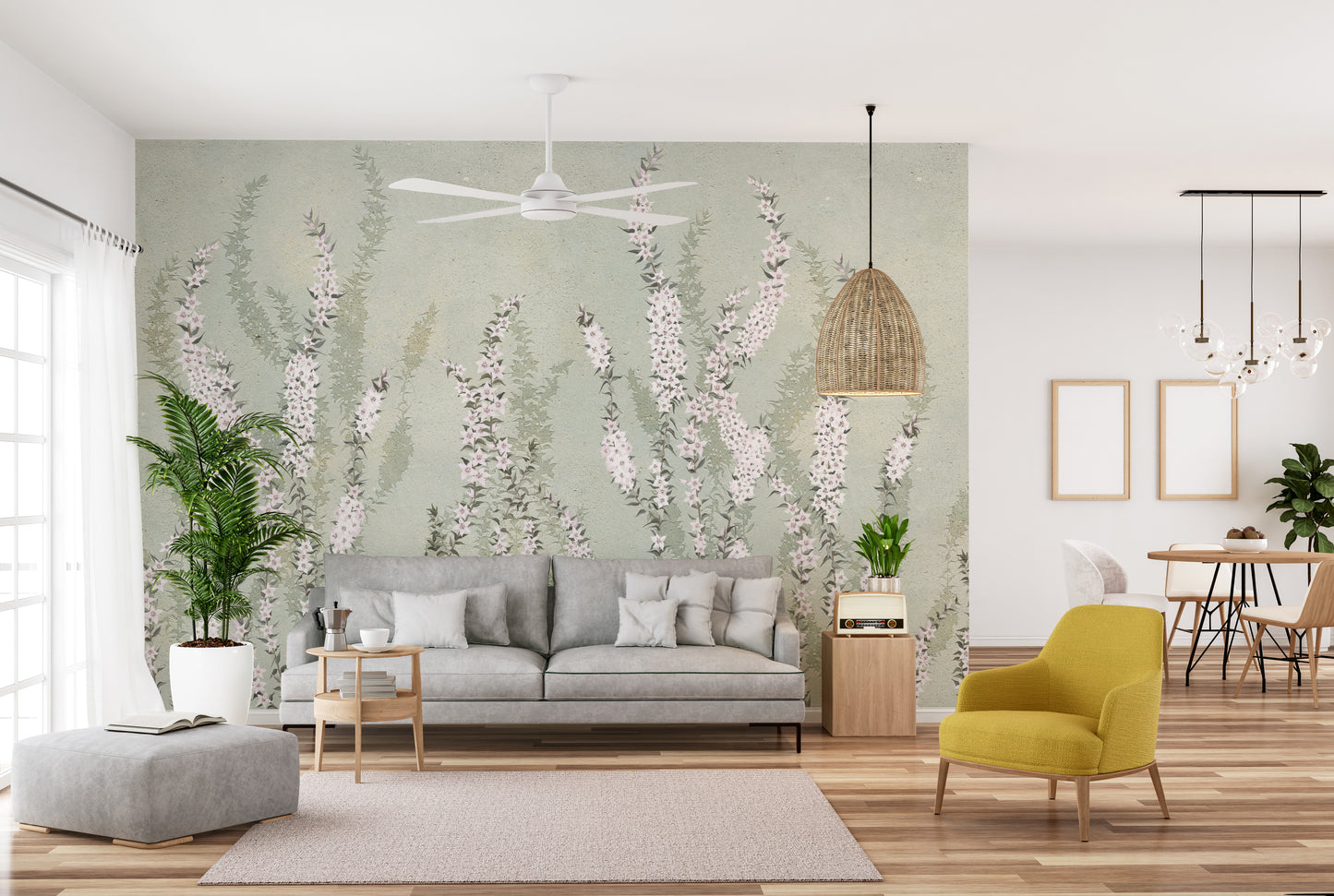 White orchids mural draped gracefully over a green background.