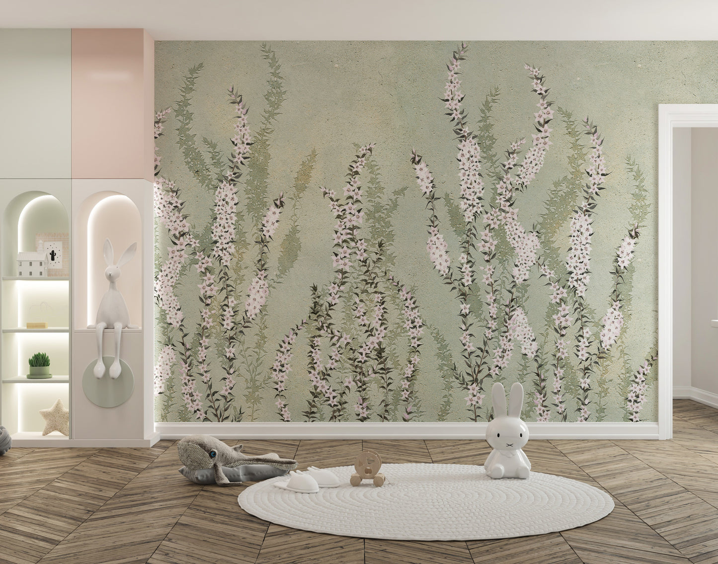 Elegant rising white orchids mural on lush green backdrop.