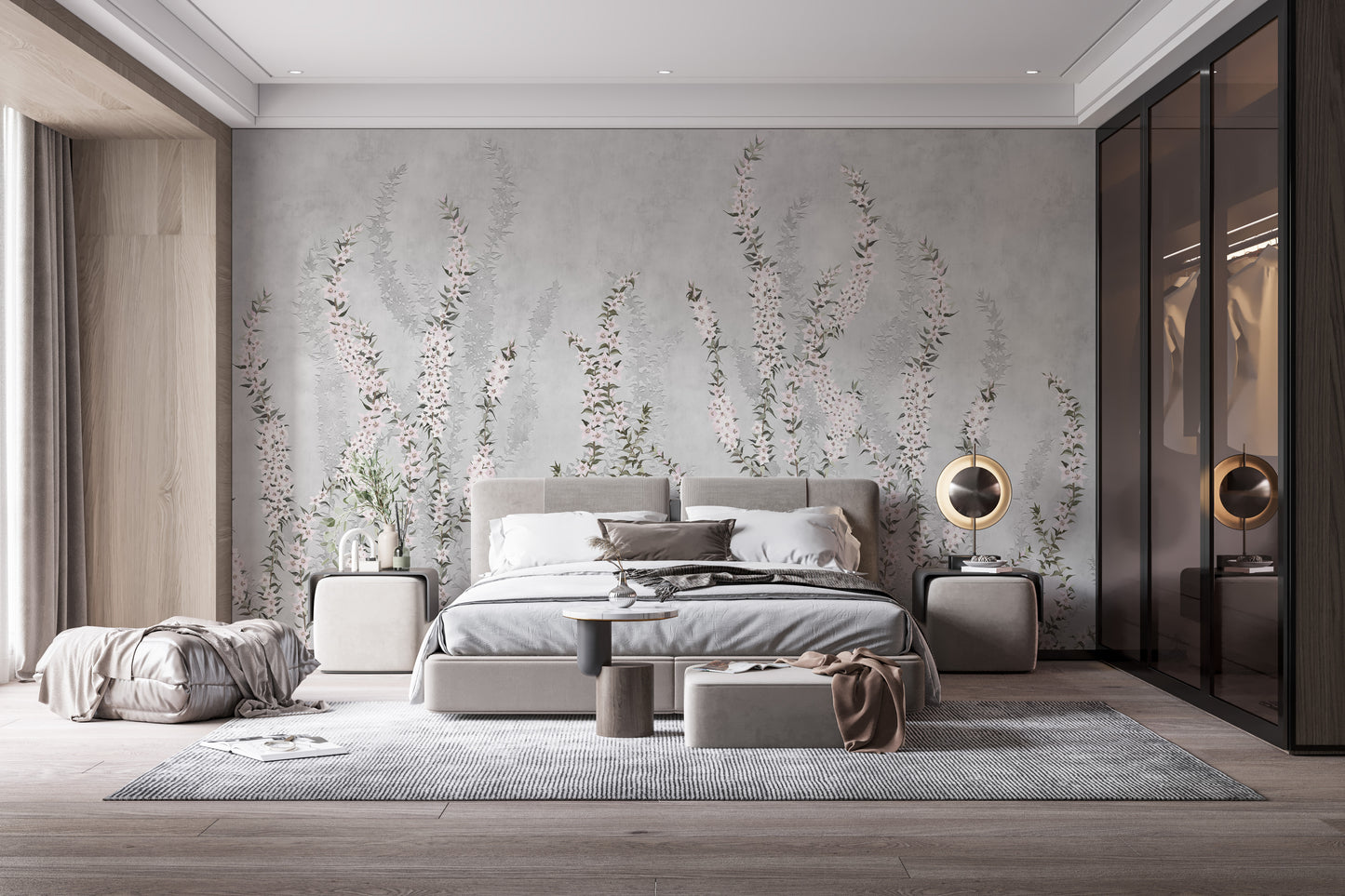 Climbing floral branches wall mural with a timeless design.