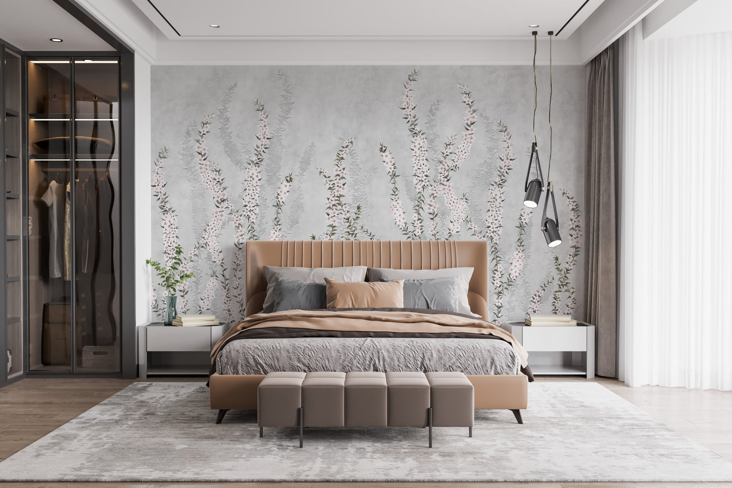 Artistic mural with climbing floral branches for graceful interiors.
