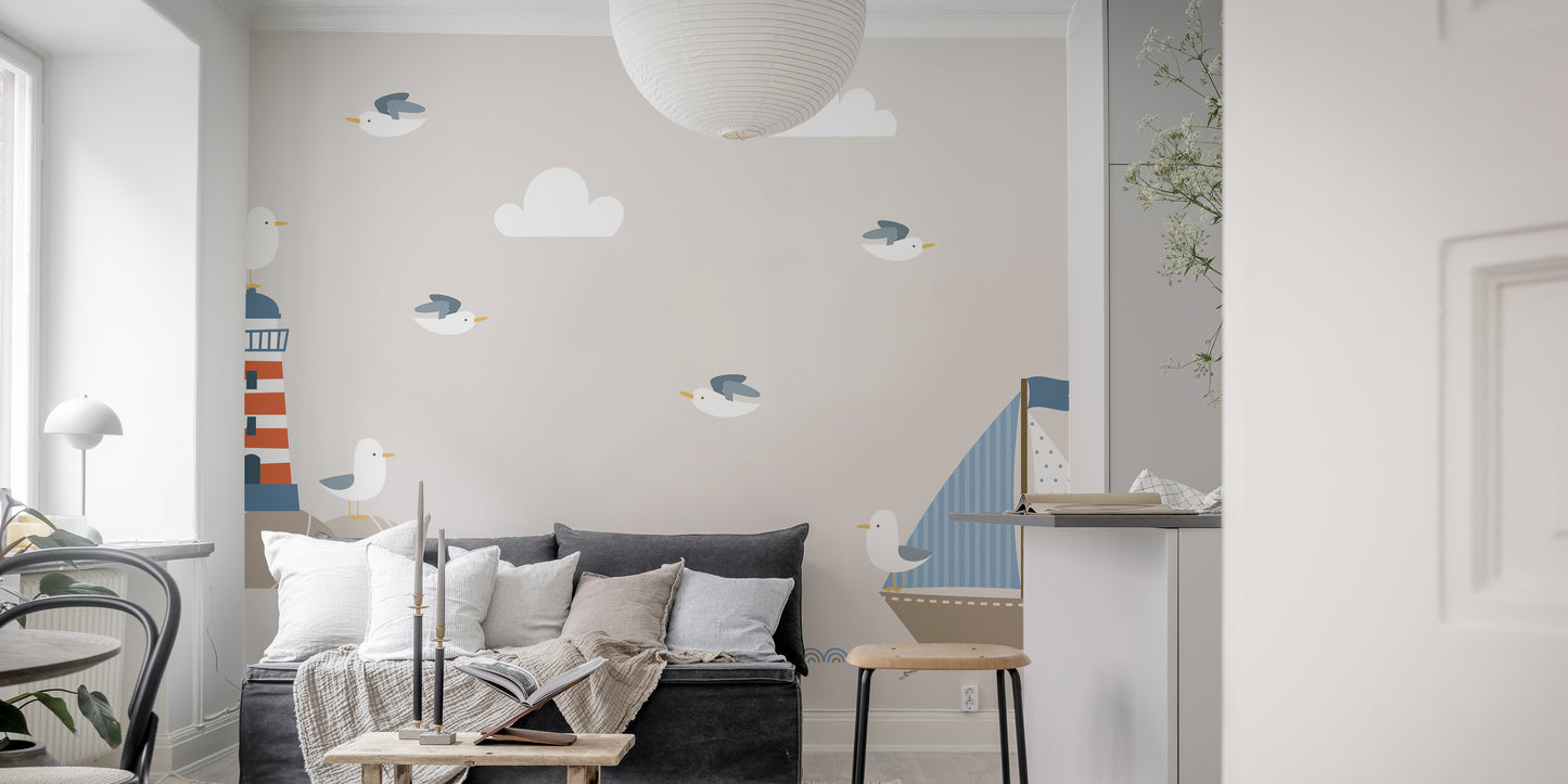 Nautical adventure mural with swashbuckling sailors for kids.