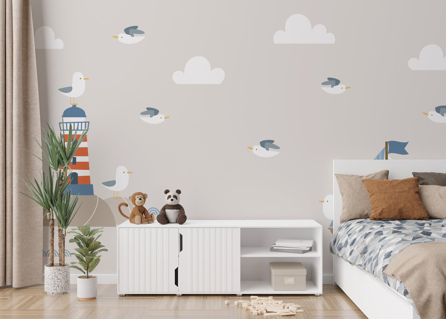 Nautical kids' mural with adventurous swashbuckling sailors.