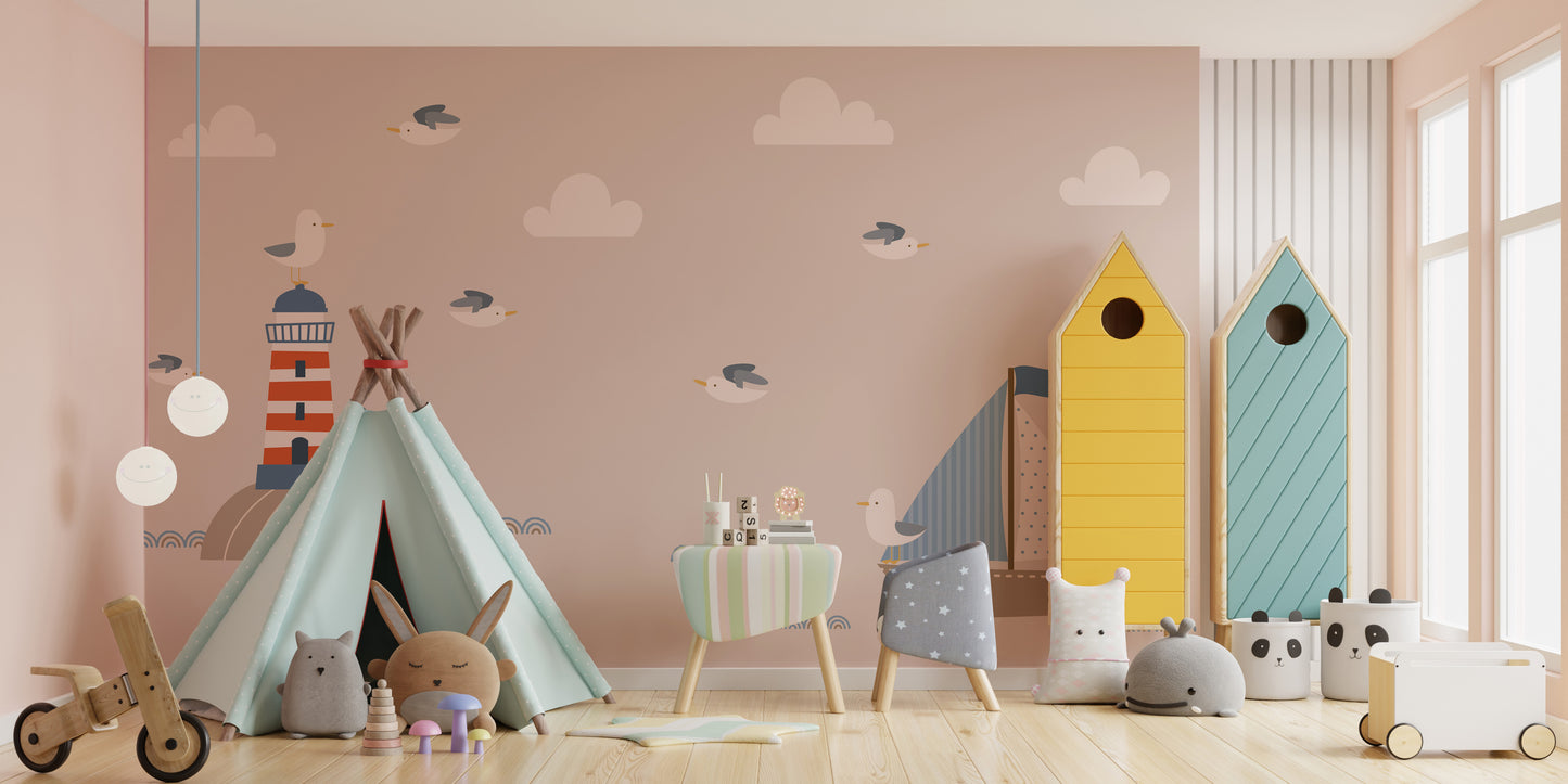 Pirate-themed mural with swashbuckling sailors for kids' walls.