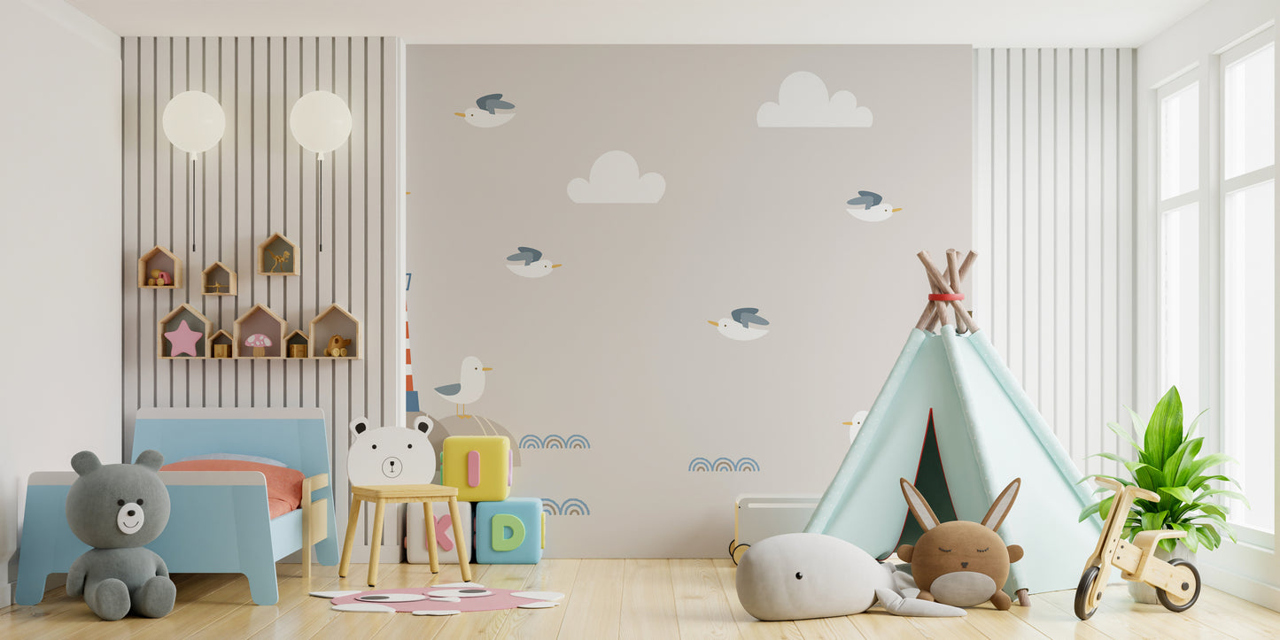 Kids' room mural featuring playful swashbuckling sailor scenes.