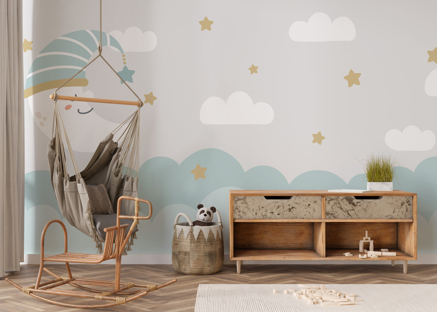 Crescent moon and fluffy clouds mural for relaxing wall decor.