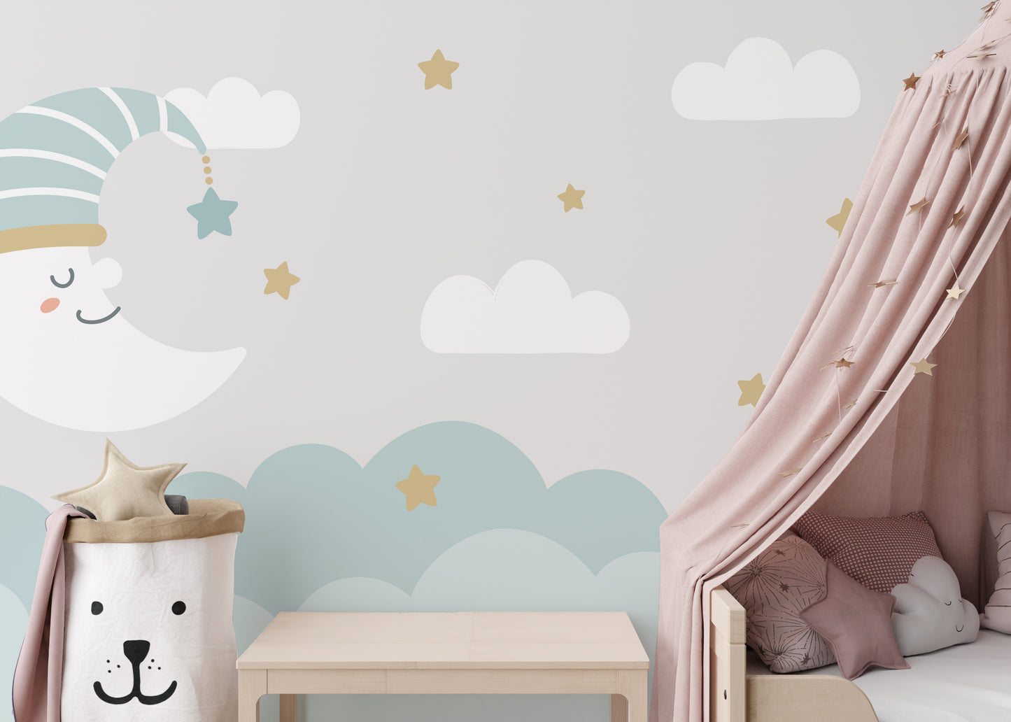 Night-themed mural with crescent moon and dreamy clouds.