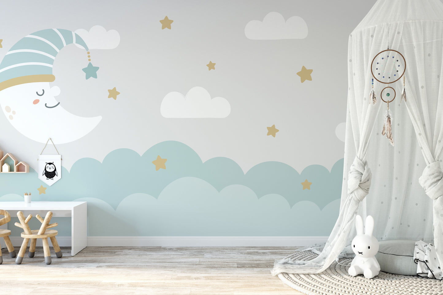 Artistic mural featuring crescent moon and soothing cloud design.