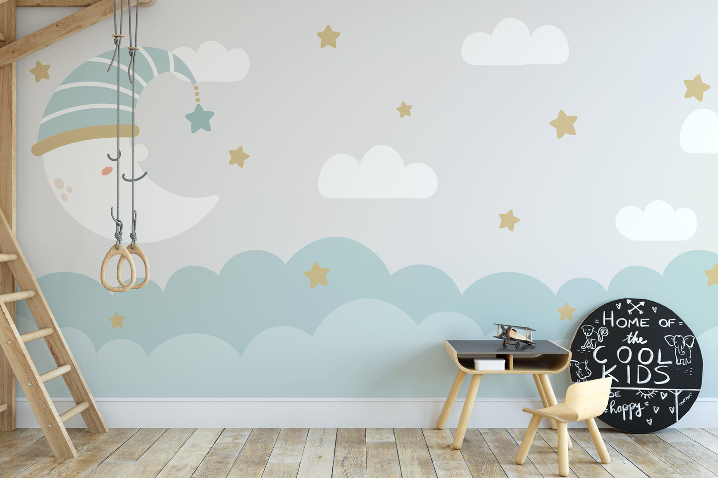 Crescent moon and clouds mural for peaceful wall aesthetics.