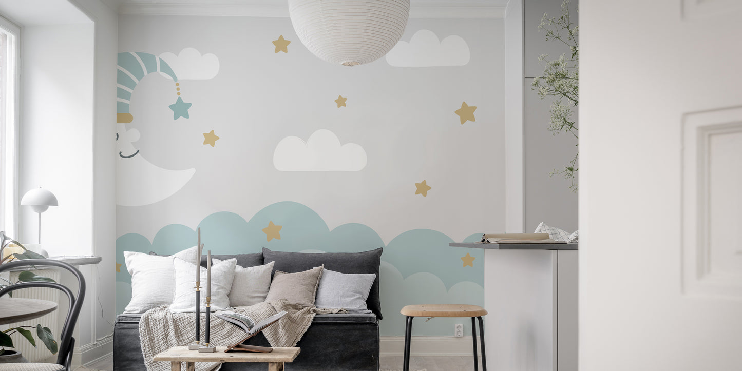 Dreamy mural with crescent moon and clouds for tranquil decor.
