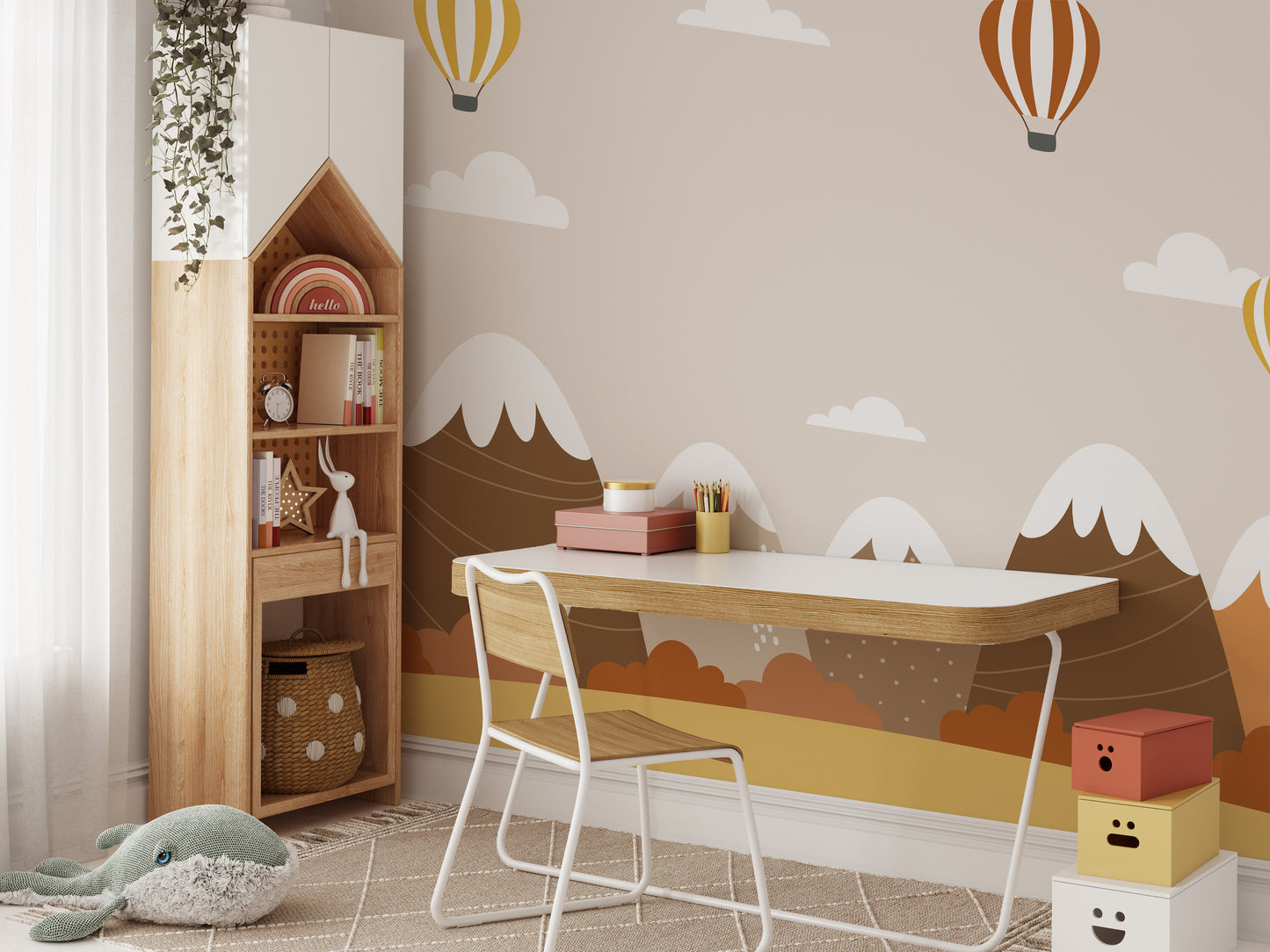 Hot air balloons above autumn trees mural for seasonal decor.