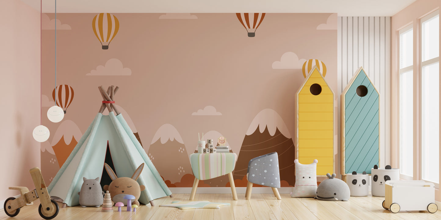 Vibrant autumn mural with hot air balloons and scenic beauty.