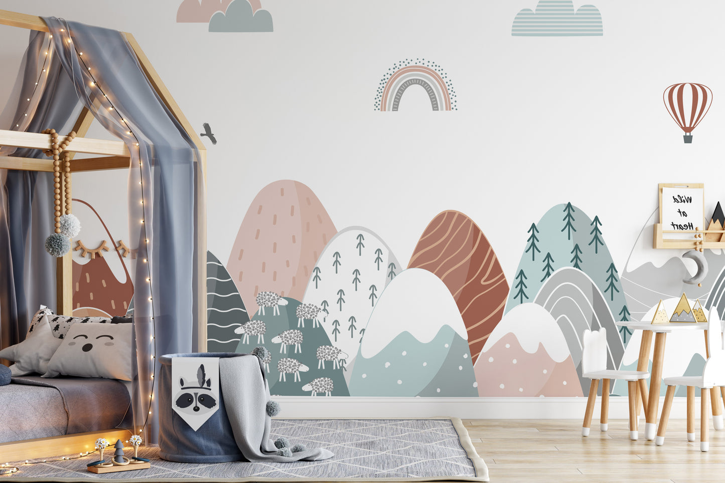 Kids' room mural with colorful climbing adventure and joy.
