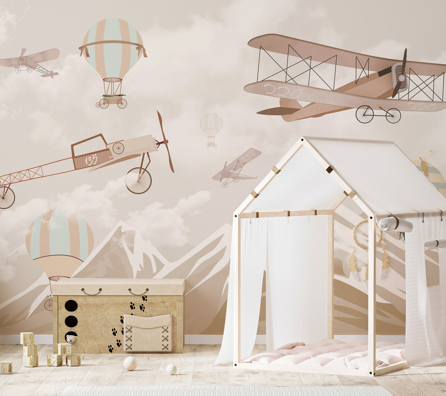 Scenic aerial mountain mural for nature-inspired home decor.