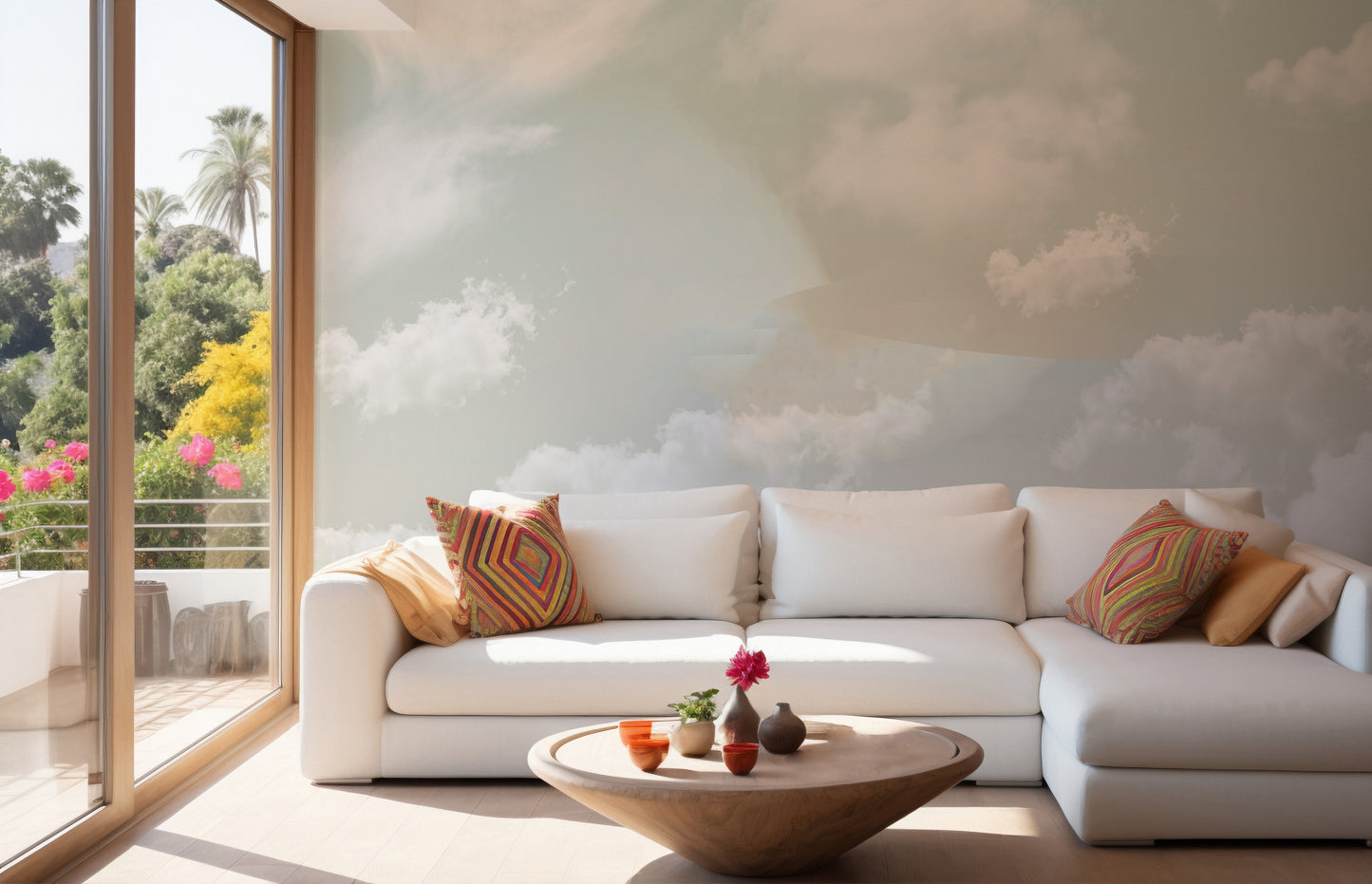 Wall covering mural with serene heavenly horizon landscapes.