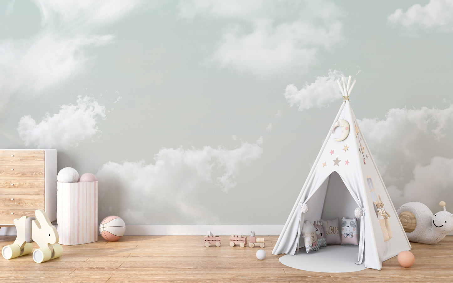 Elegant wall mural with soft and dreamy heavenly horizons.