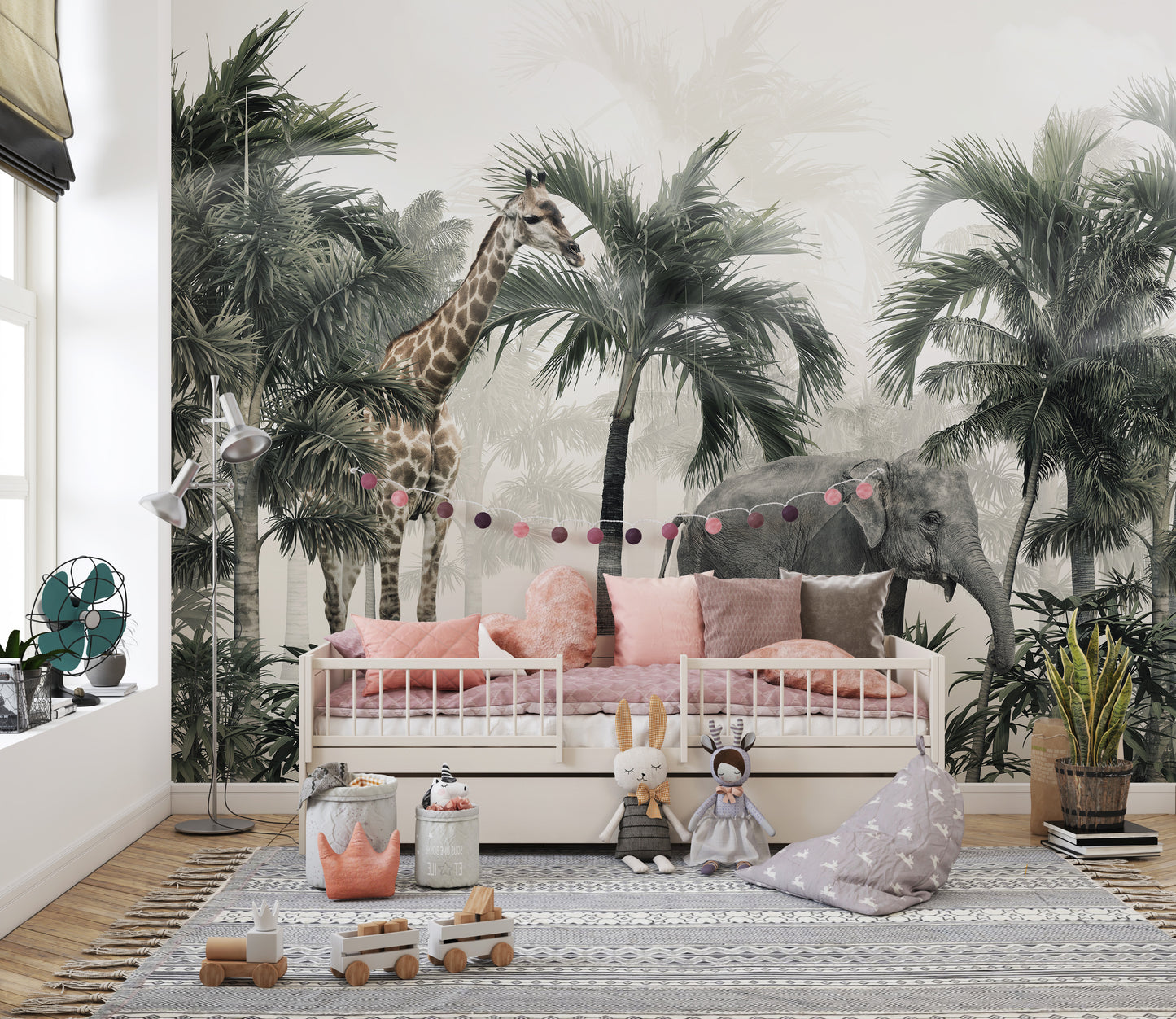 Wildlife mural featuring giraffe and elephant safari scenes.