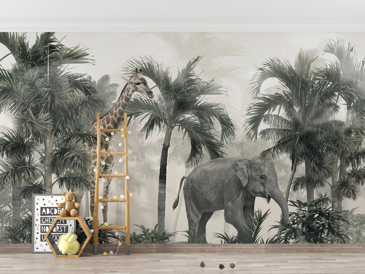 Safari adventure wall mural with elephants and giraffes in nature.