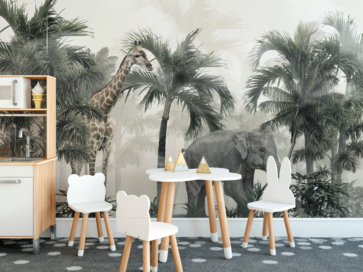 Adventure mural with giraffes, elephants, and lush safari scenery.