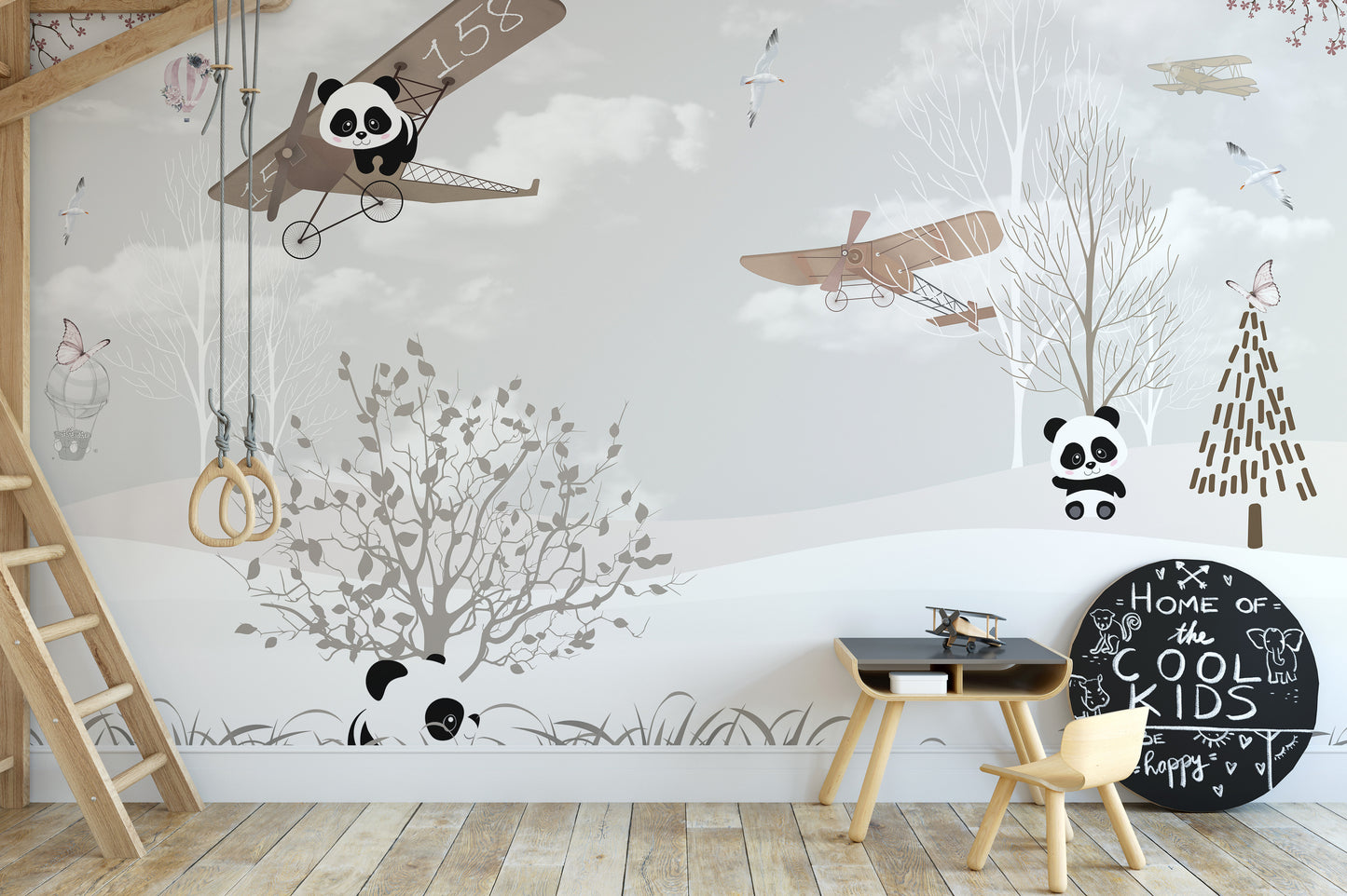 Snowy panda mural with wings for dreamy and imaginative decor.
