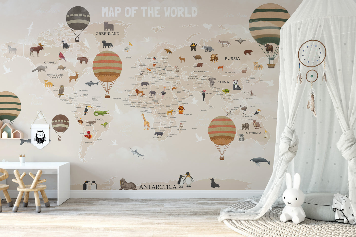 World map mural with adventurous animals for kids' playful rooms.