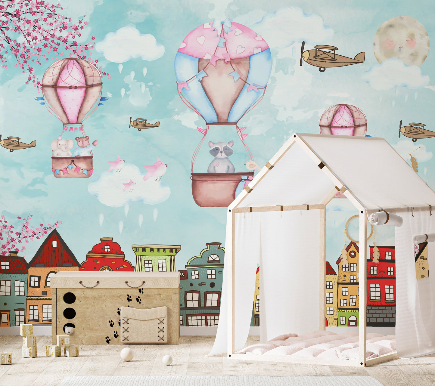 Aerial escapade mural with a playful cartoon city design.