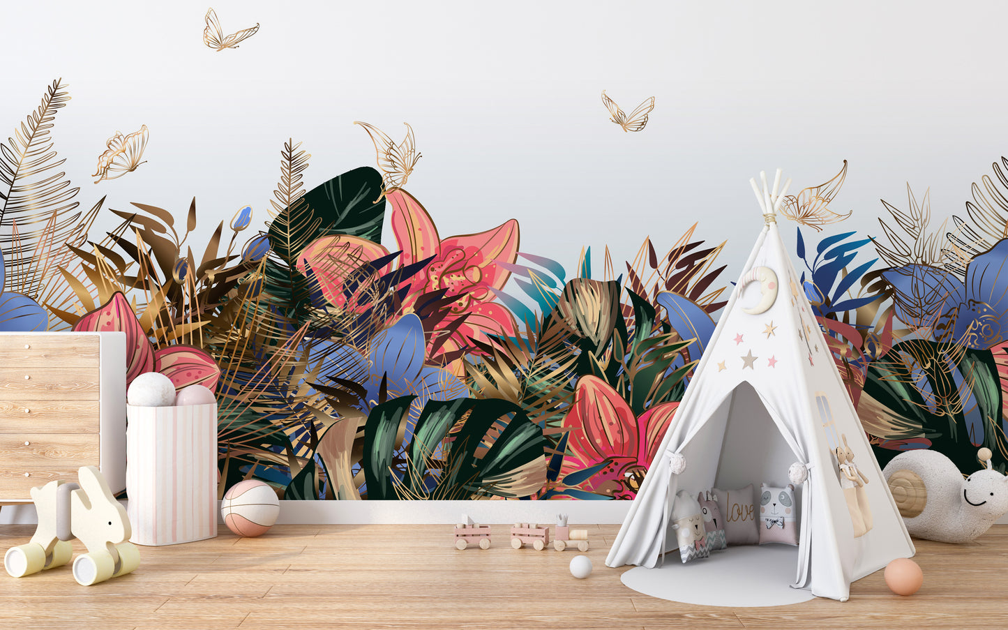 Colorful garden wall mural featuring bright flowers and nature.