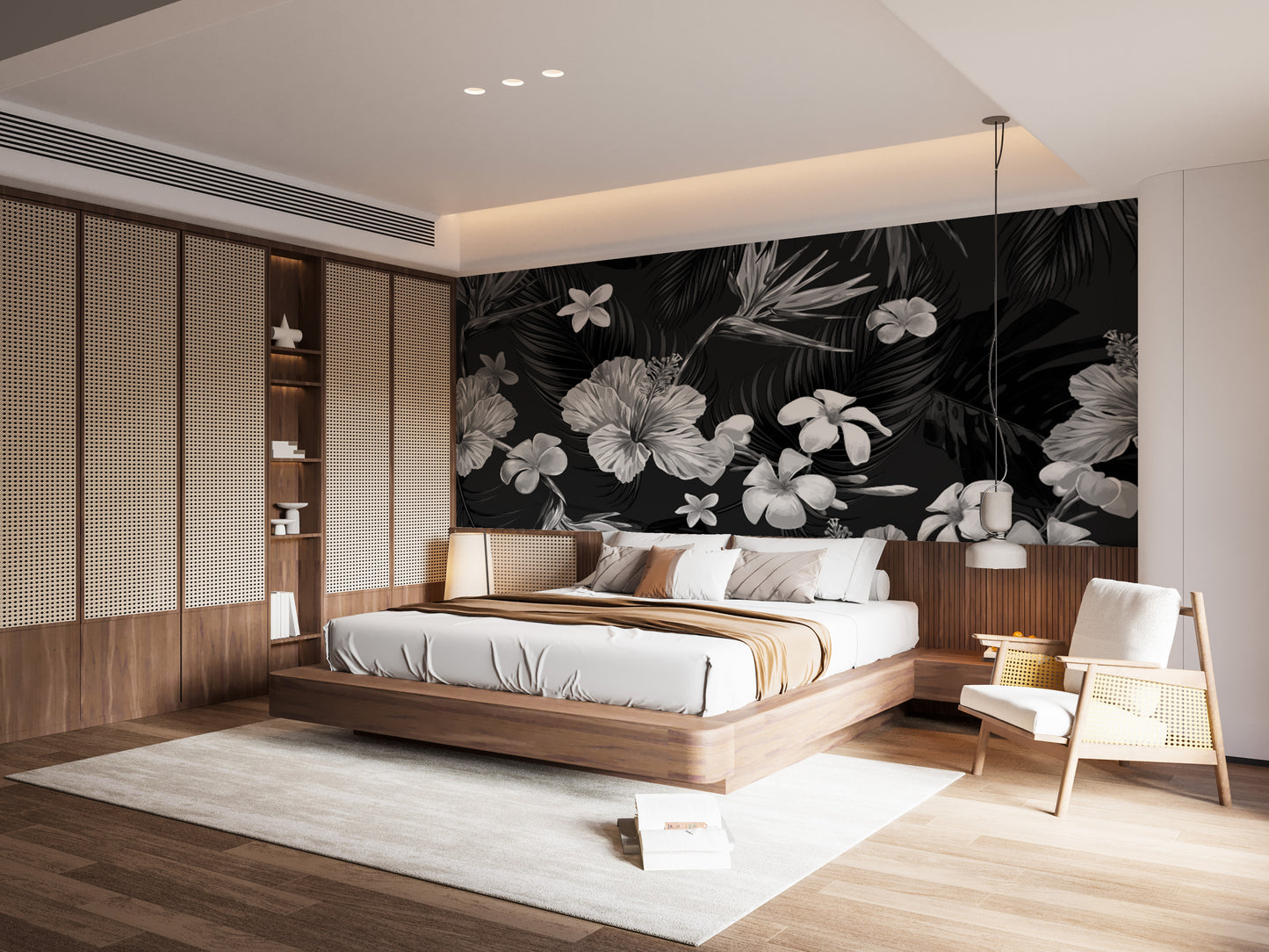 Modern black and white tropical flowers mural for sleek decor.