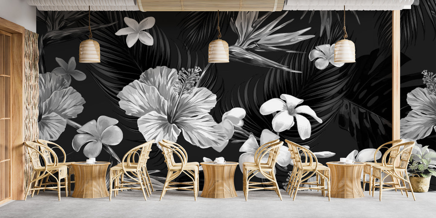 Black and white flowers mural for a sophisticated tropical theme.