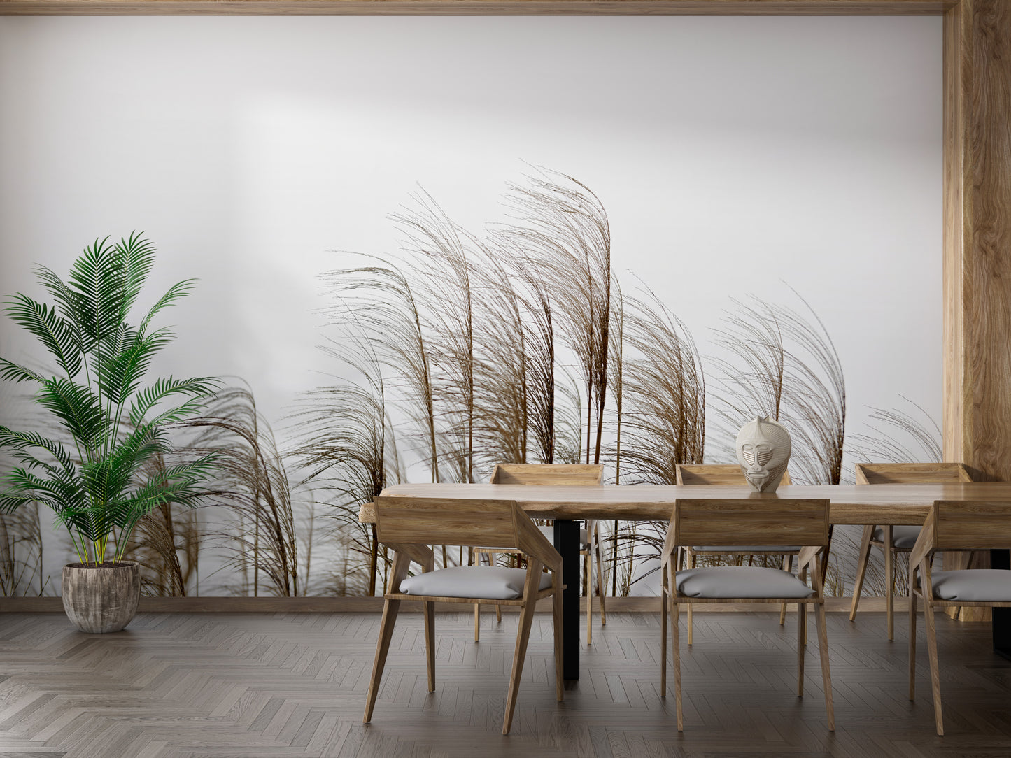 Reed field mural with a serene riverside view for interiors.