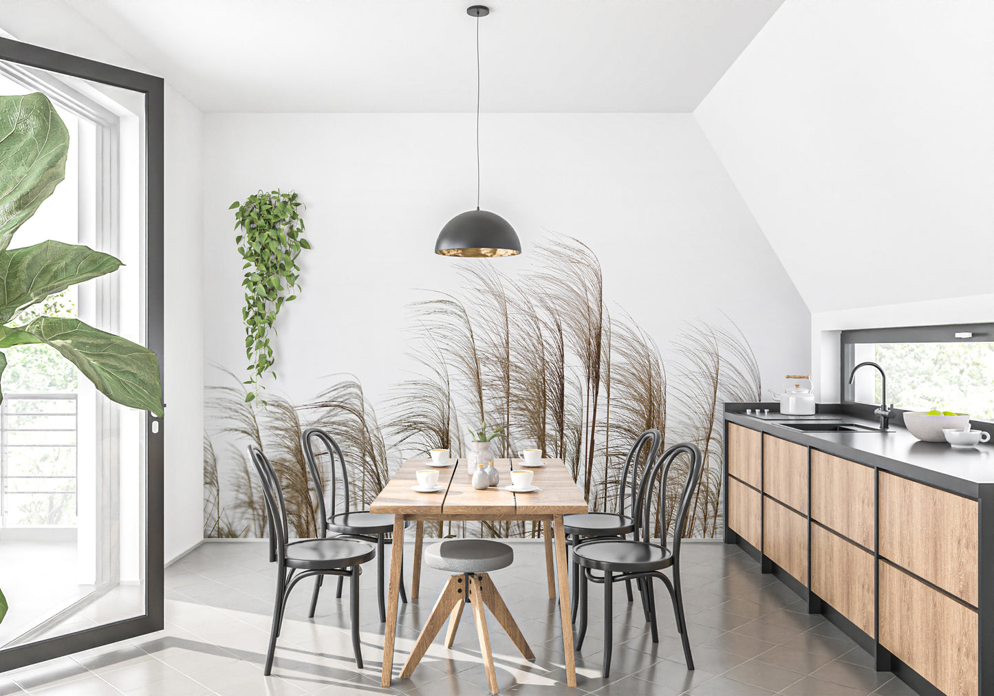 Artistic riverside reed field mural for calming wall decor.