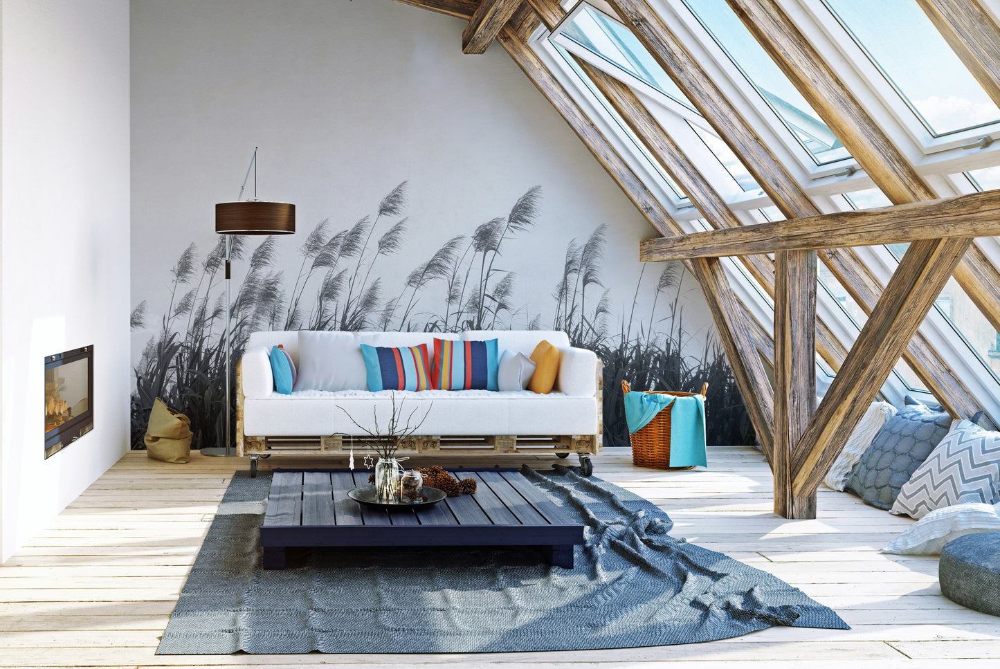 Sophisticated mural with black and white Pampa herbs motif.