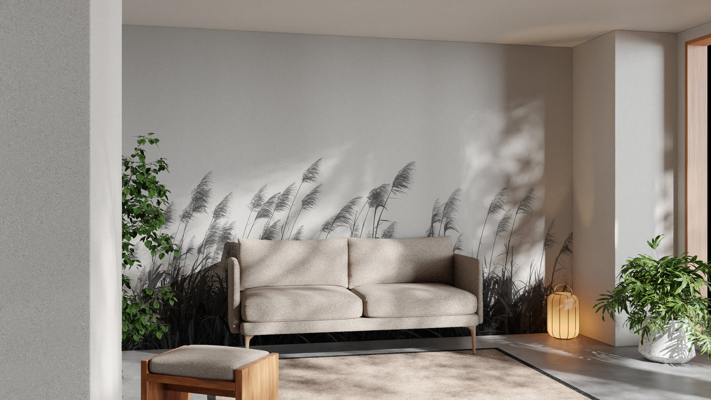 Wall mural featuring Pampa herbs in a sleek black and white design.