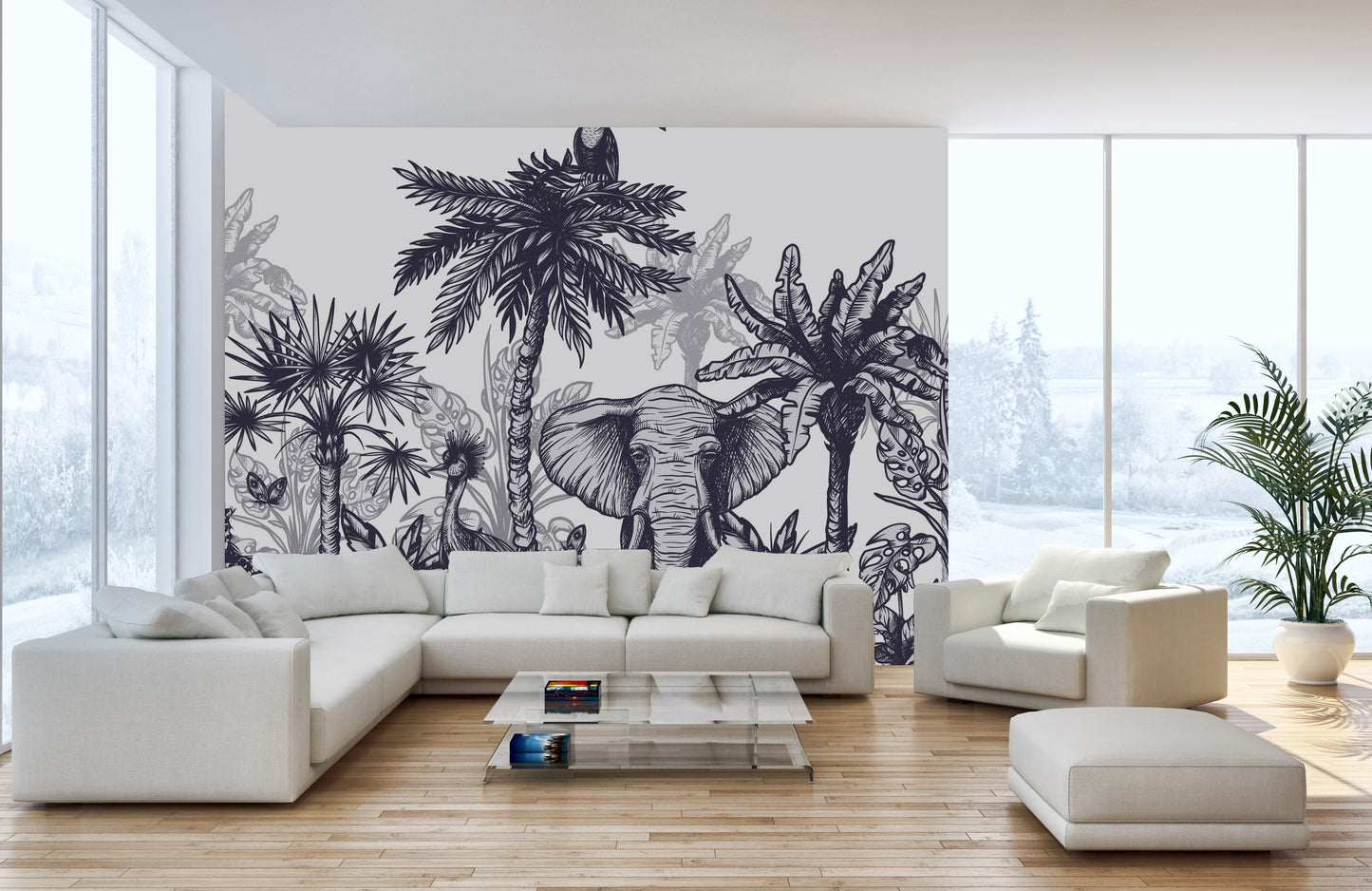 Tropical paradise mural with vibrant wildlife and floral accents.