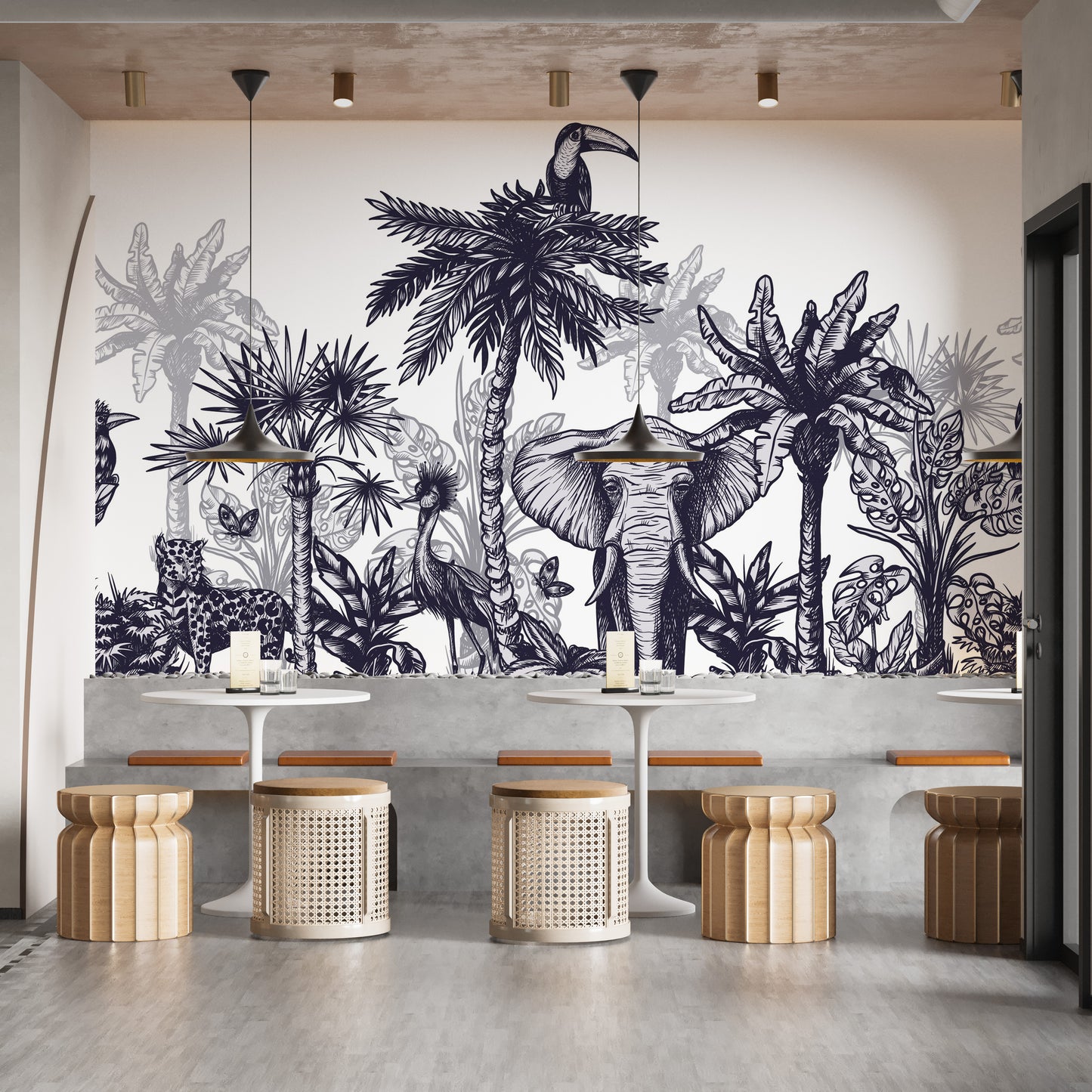 Vibrant wildlife mural for lively and exotic tropical wall decor.